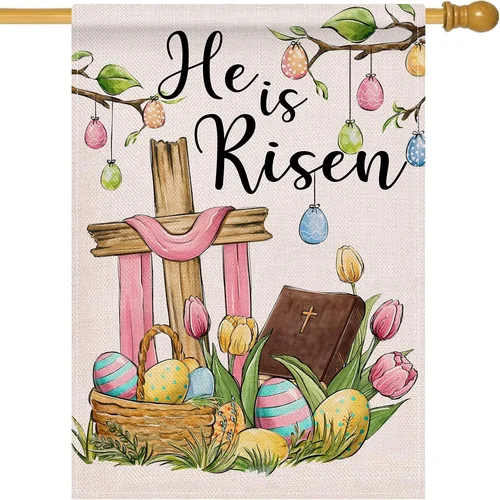 Christian Easter He Is Risen Large Decorative House Flag, Religious Cross Easter 313103168196 AAV hhz