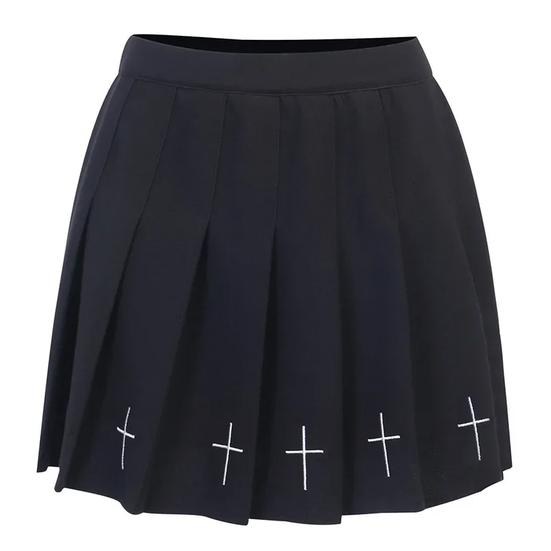 Cross Stitch Flower Skirt Dark College Suit Punk Functional Wind A- line Tactical Half Pleated Skirt Korean Style Black Skirt