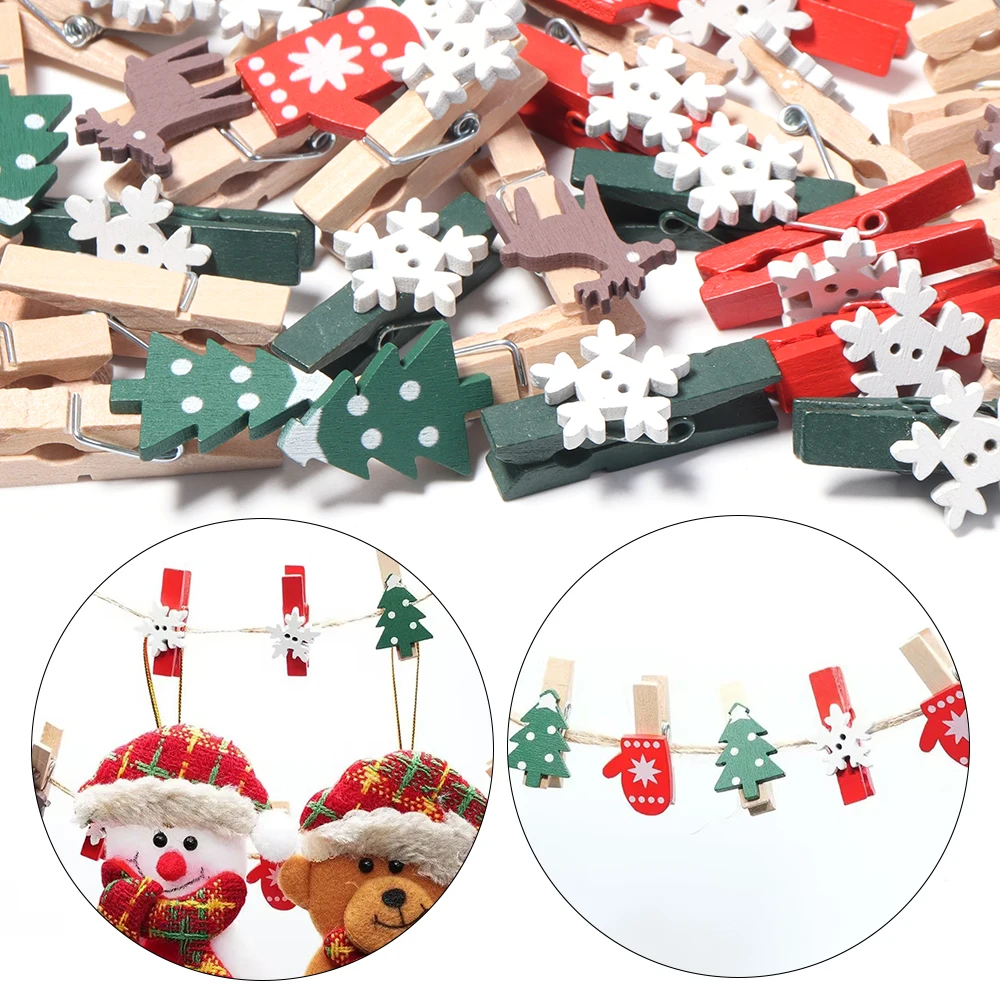 20pcs Christmas New Year Party Decor Wooden Clip Photo Wall Clip Xmas Tree Snowflake Elk Mini Clips DIY Xmas Tree Decorations