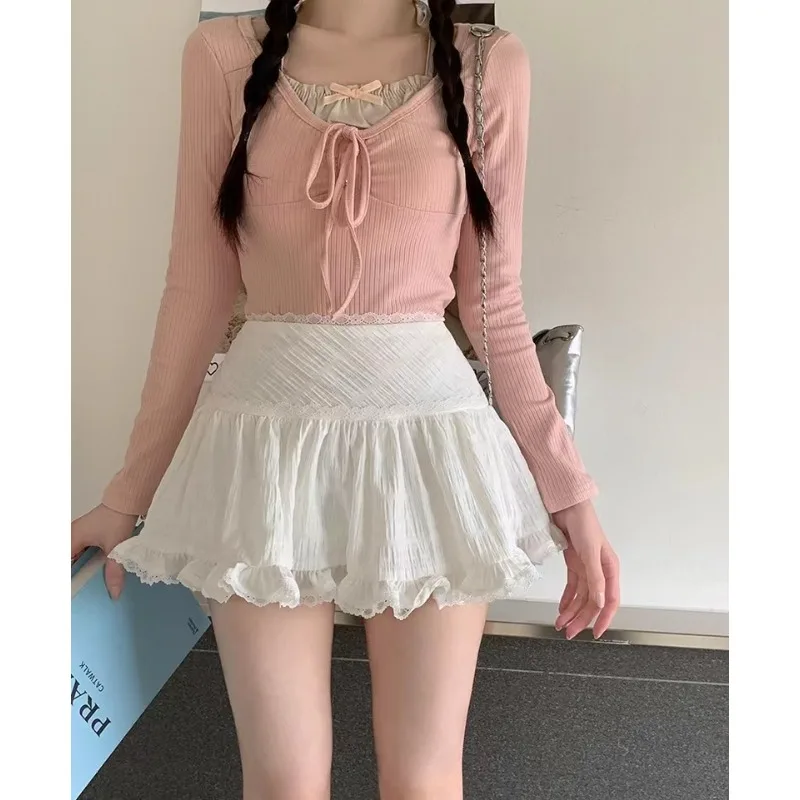 2024 Summer New Sweet White Skirt Female Ballet Women Skirts Lace Half A-line Japanese Lolita Ruffles Casual Mini Short Skirt