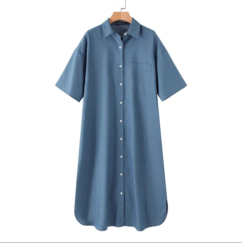 2025 Autumn Fashion Collection New Women's Cowboy Long Dress Loose Single Breasted Flip Collar Casual Medium Long Shirt Dress