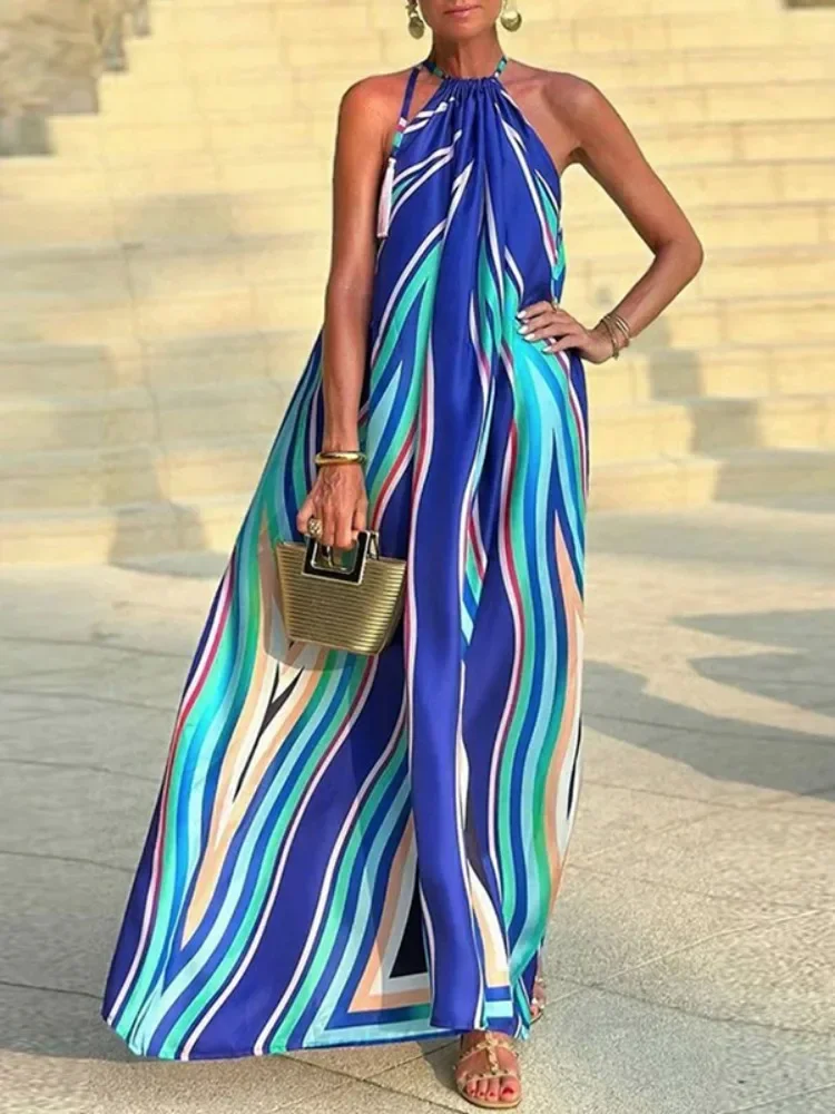 

Bohohipei Female Stylish Colorful Striped Halter-Neck Beach Dress 2024 New Summer Sleeveless Loose Casual Vacation Long Dresses