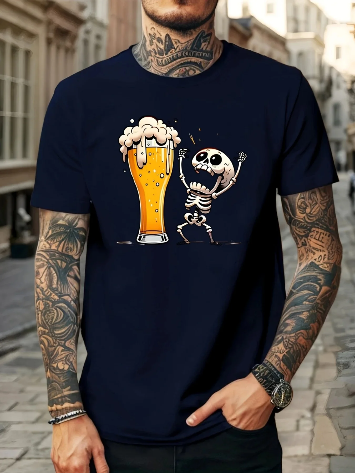 Men's Casual Graphic T-Shirt - Humorous Skeleton Beer Mug Print, Breathable Quick-Dry Fabric, Regular Fit Round Neck Tee for Summer Outdoor Activities & Social Gatherings, Easycare Clothing