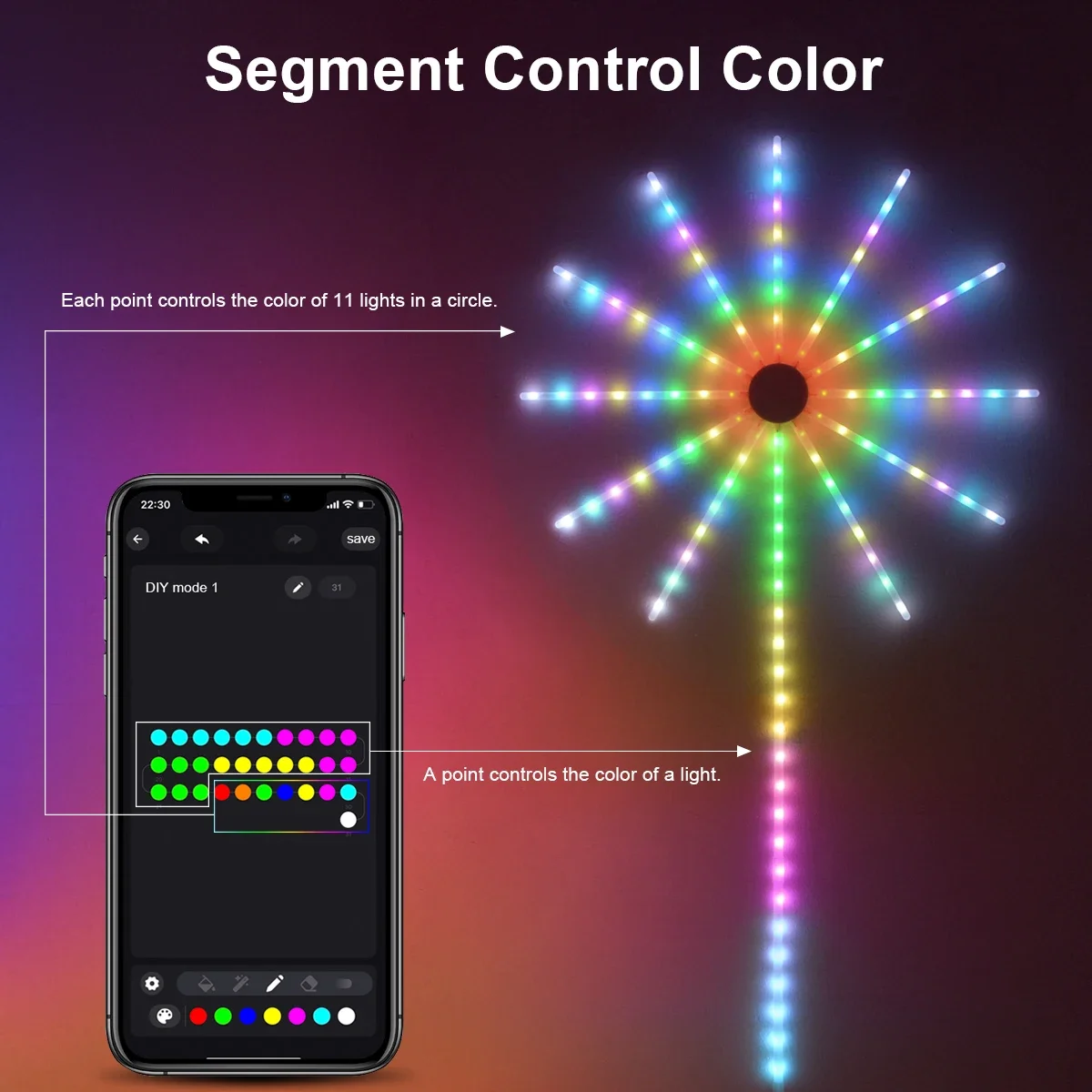 Bluetooth Full Color Fireworks Lamp RGB Neon String Light DIY Wall Backlight APP USB LED Strip Wedding Christmas Party Decor