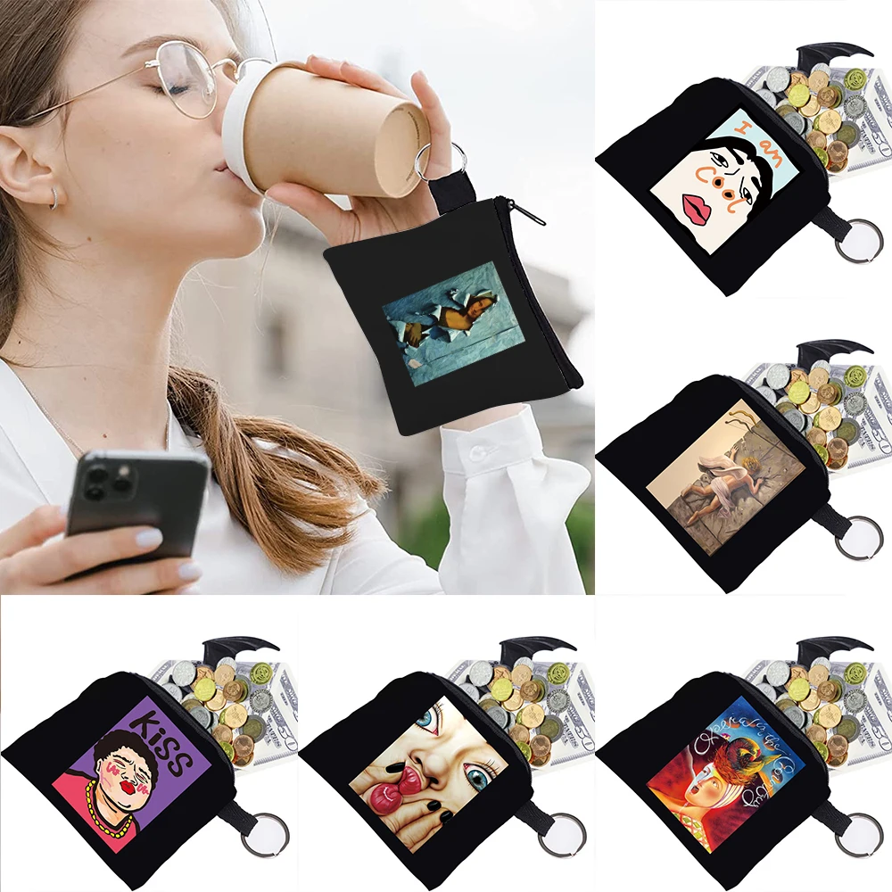 

Unisex Coin Bag Funny Print Pattern Earplugs Key Storage Bag Small Object Ring Buckle Zipper Black Canvas Mini Student