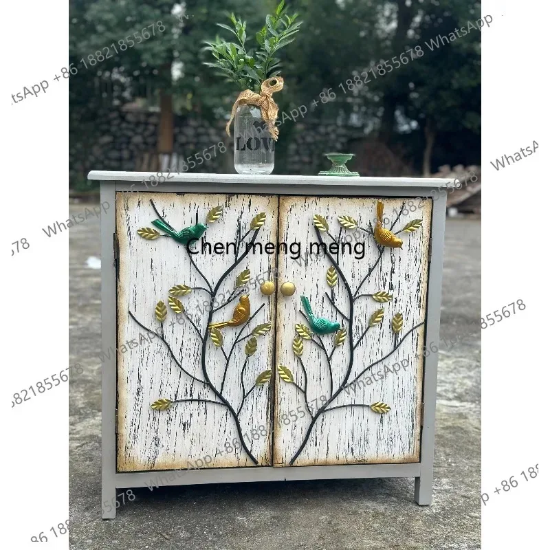 RR Wooden iron flower and bird carved vintage furniture double door two-layer antique cabinet