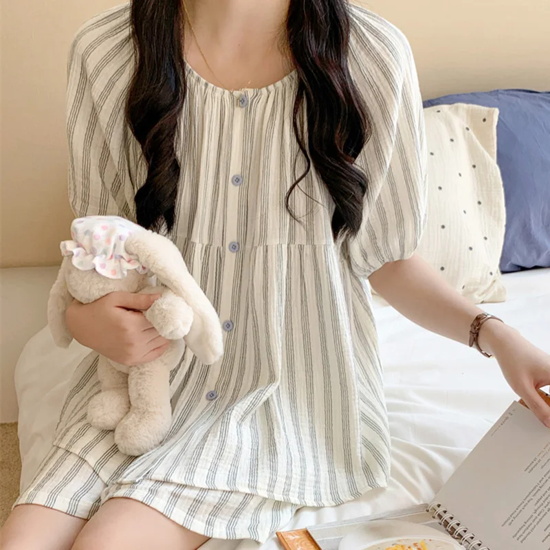 Korean Summer Cotton Polka Dot Vest Home Wear Sweet Girls Pajamas Set with Chest Pad Nightwear Sleepwear