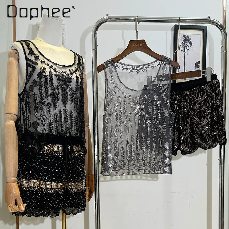 

Fashionable Sequins Beaded See-through Vest Round Neck Top Female Elastic Waist Shiny Casual Black Shorts Women's Clothing