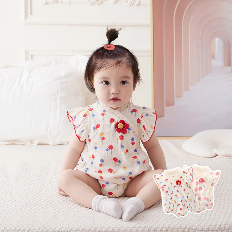 

Jenny&Dave 2023 Summer Newborn Baby Thin Pure Cotton Bodysuit Baby Sleeveless Full Print Flower Flap Triangle Wrap Bottom Clothi