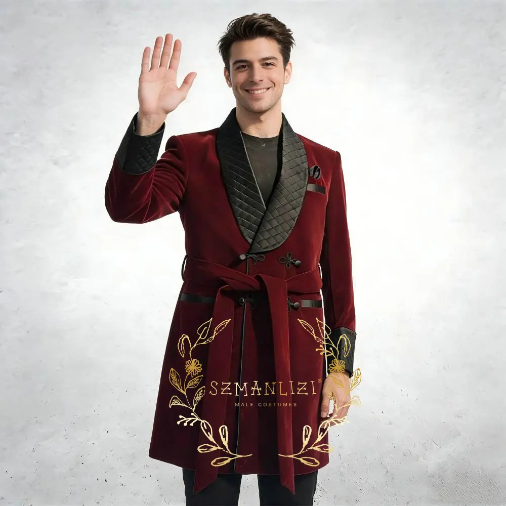 

Мужской длинный пиджак для свадьбы 2025, с лацканами-шалью, бордовый, бархатный, для костюма-смокинга, для ужина, с поясом