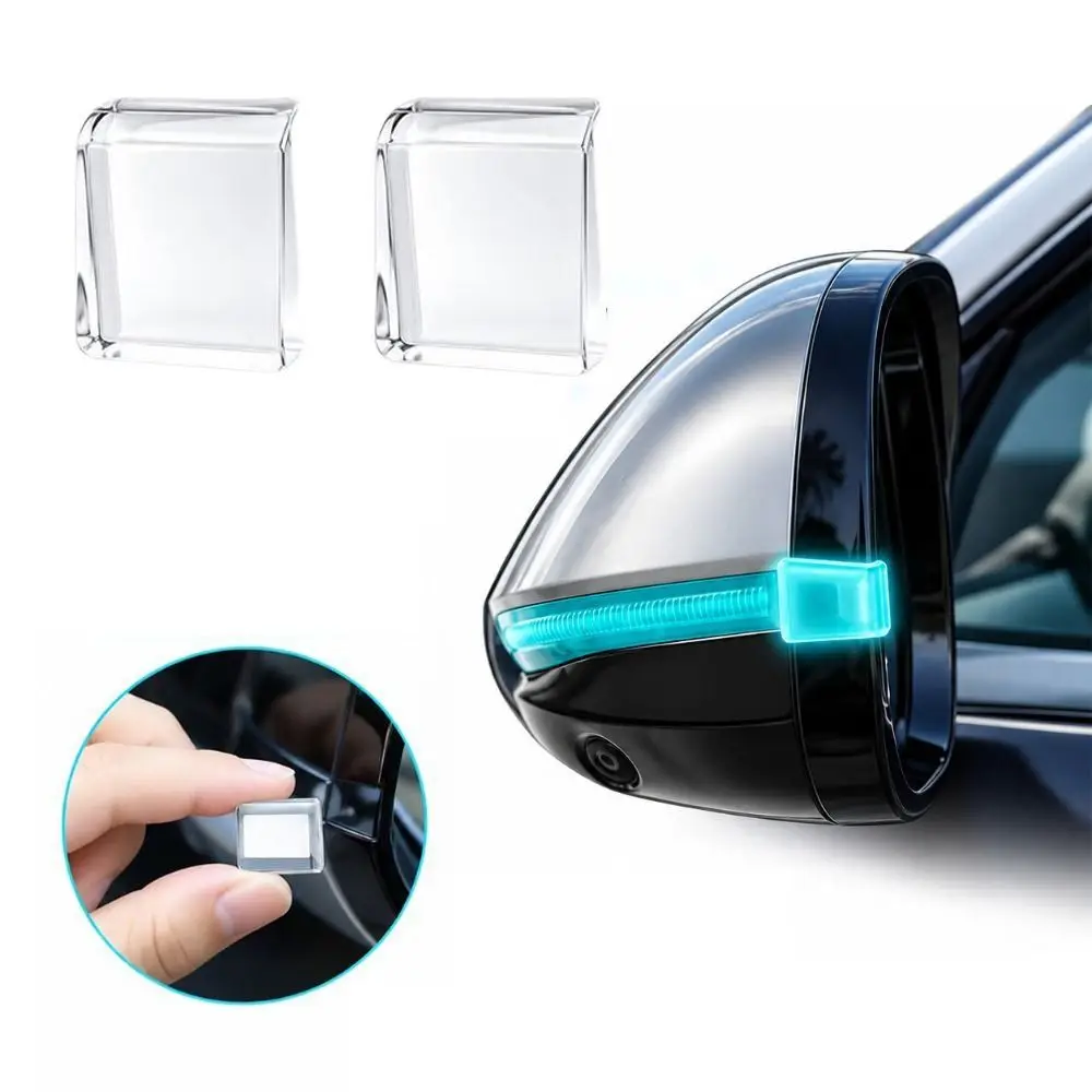 2PCS Universal Car Mirror Light Guide Block Transparent Self-adhesive Car Rearview Mirror Light Exterior Decoration Blue LED