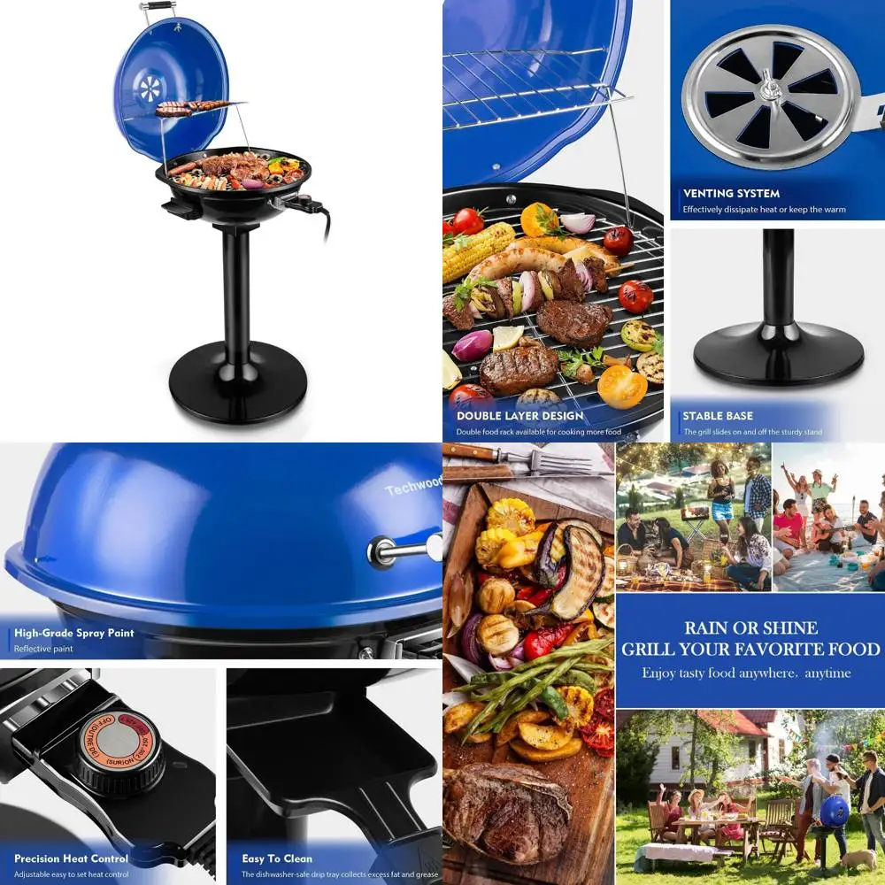 

Portable 1600W Outdoor Electric BBQ Grill by Techwood with Adjustable Heat, Removable Stand, and Drip Tray