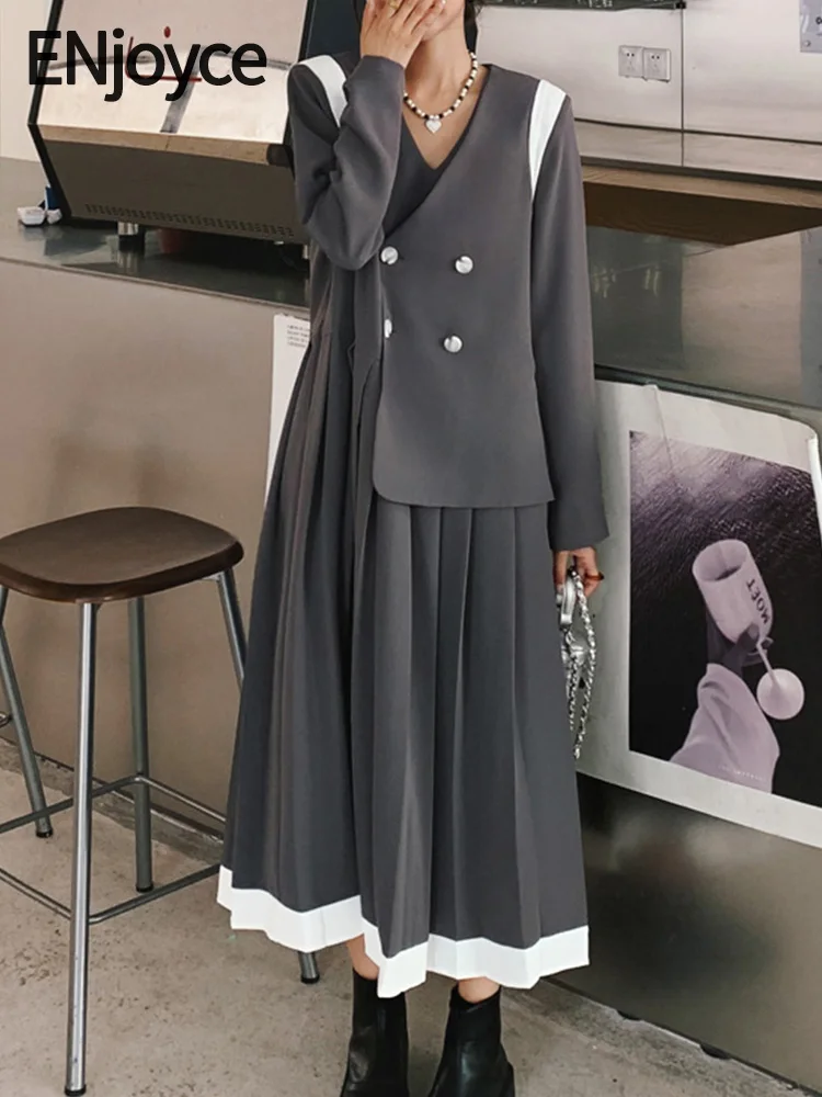 

ENjoyce Spring Fall Women Retro College Style Fake Two Pieces Long Dress Ladies Casual Loose Long Sleeve Pleated Dresses