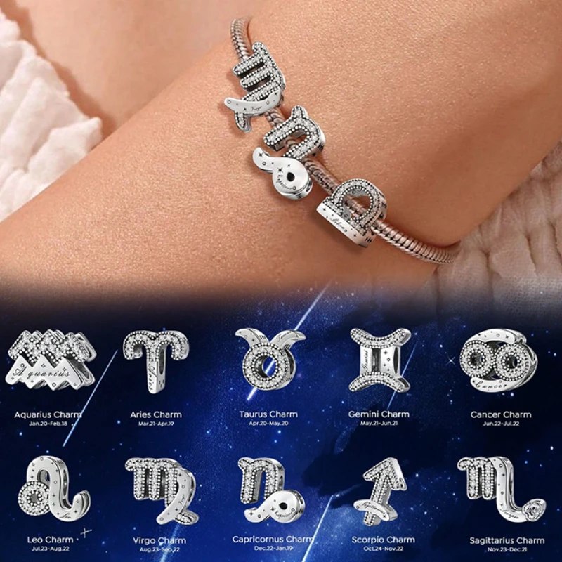 925 Sterling Silver Twelve Constellations Pendant Beads Fit Diy Bracelet Necklace Making Gift Of High Quality Fine Jewelry