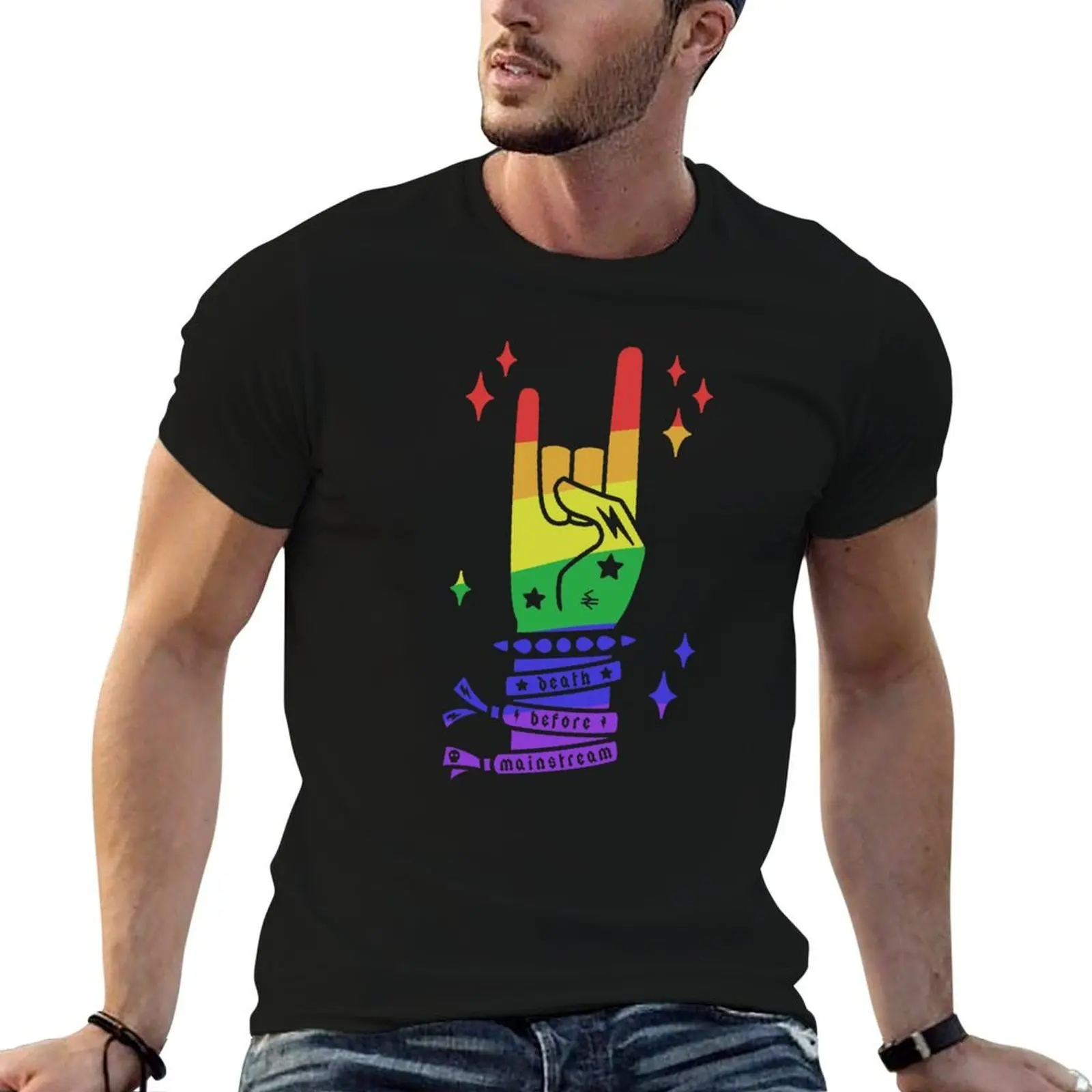 

Death Before Mainstream Gay Edition - heavy metal rainbow hand gesture T-Shirt men t shirt cotton 100% T-Shirt