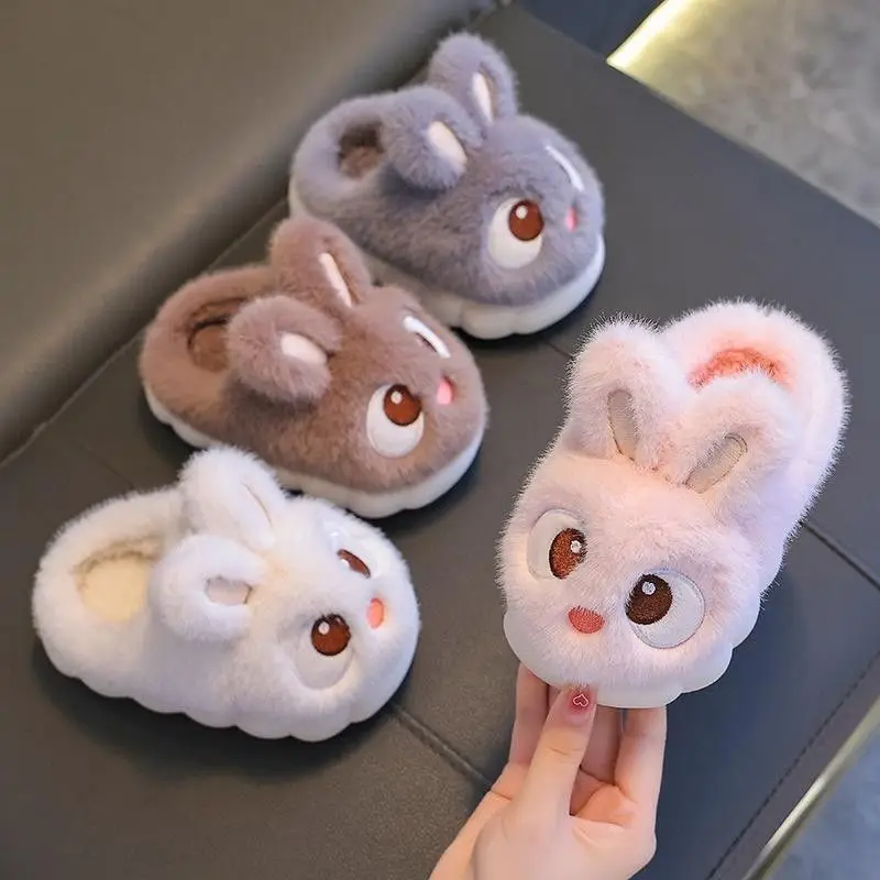 Winter Cute Rabbit Children's Fur Slippers Girls Boys Waterproof Warm Non Slip Fluffy Slippers Kids Indoor Home Cotton Shoes