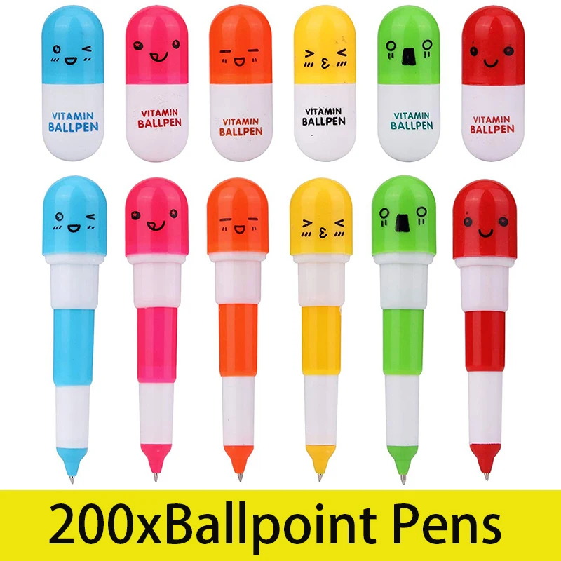 

200Pcs Pill Shaped Pens Retractable Ball Pens Cute Cartoon Pill Pen Smiling Face Capsule Pen Nurses Mini Ballpoint Pen 6 Colors