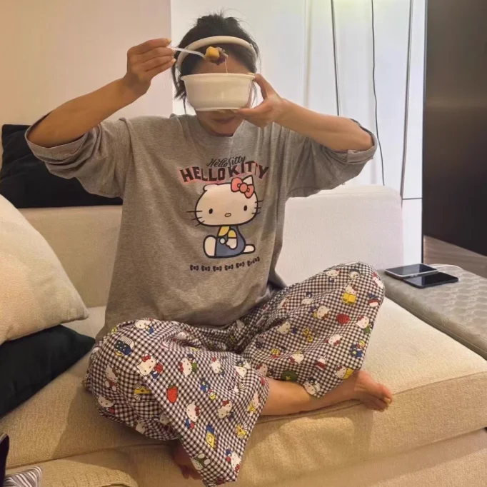 Sanrio Kawaii Hello Kitty Printed Long-sleeved Pyjamas Kuromi Anime Cartoon New T-shirt and Trousers Loungewear Set Casual Suits