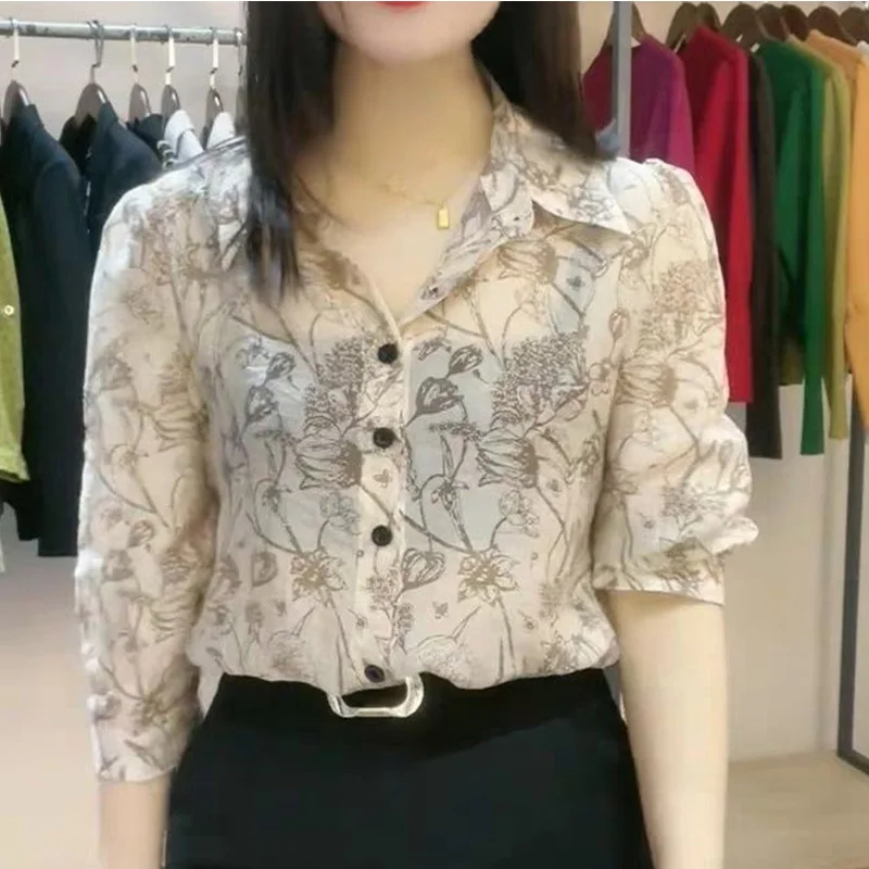 2024 New Summer Chic Retro Elegant Fashion Punk Office Lady Women's Shirt Chiffon Button V Neck 3/4 Sleeve Long Sleeve Y2K Tops