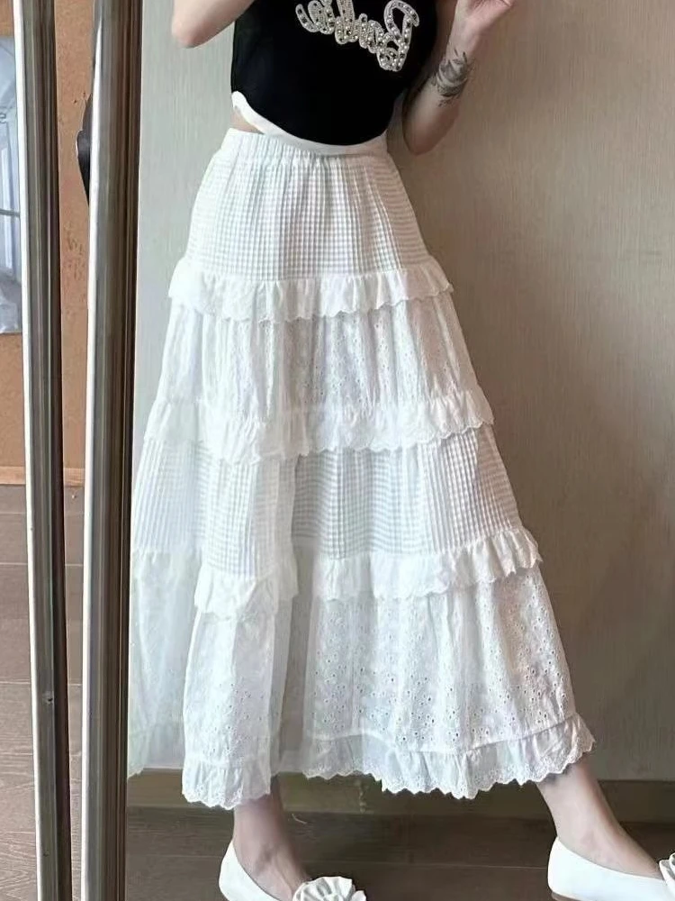 

Американская ретро-юбка с кружевными вставками, высокой талией, А-силуэта, плиссированная, многоярусная, длинная, однотонная, для повседневной носки, из чистого хлопка, 100% хлопок