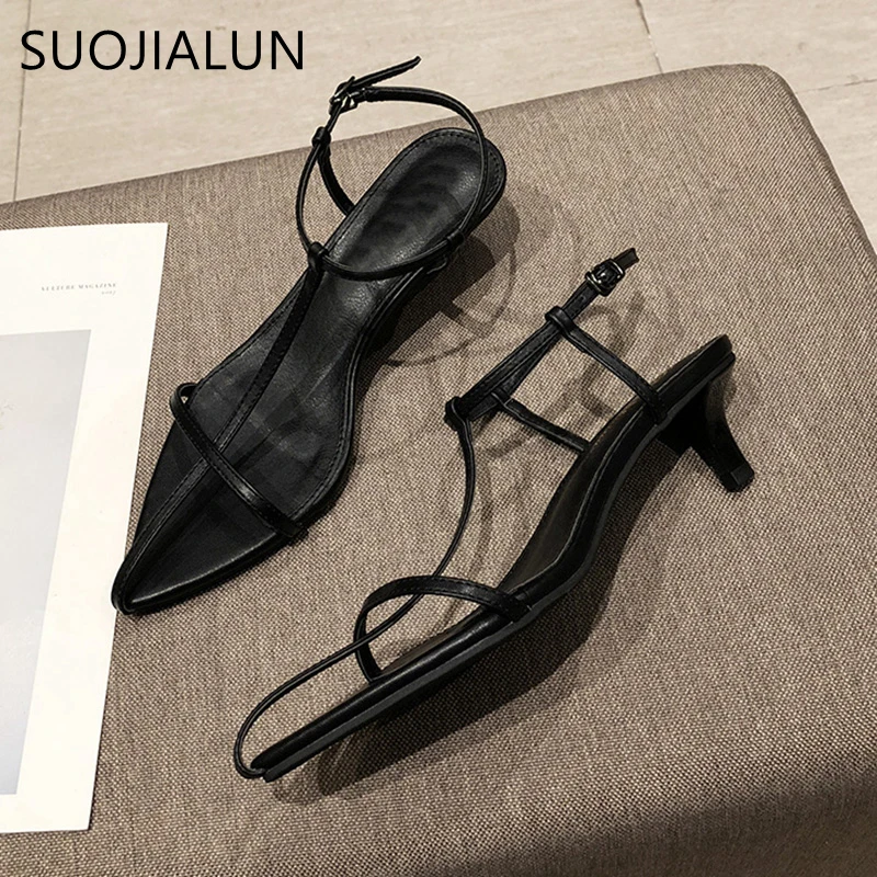 SUOJIALUN 2022 Summer New Women Sandal Fashion Narrow Band Ladies Gladiator Shoes Thin Low Heel Ankle Strap Dress Party Shoes