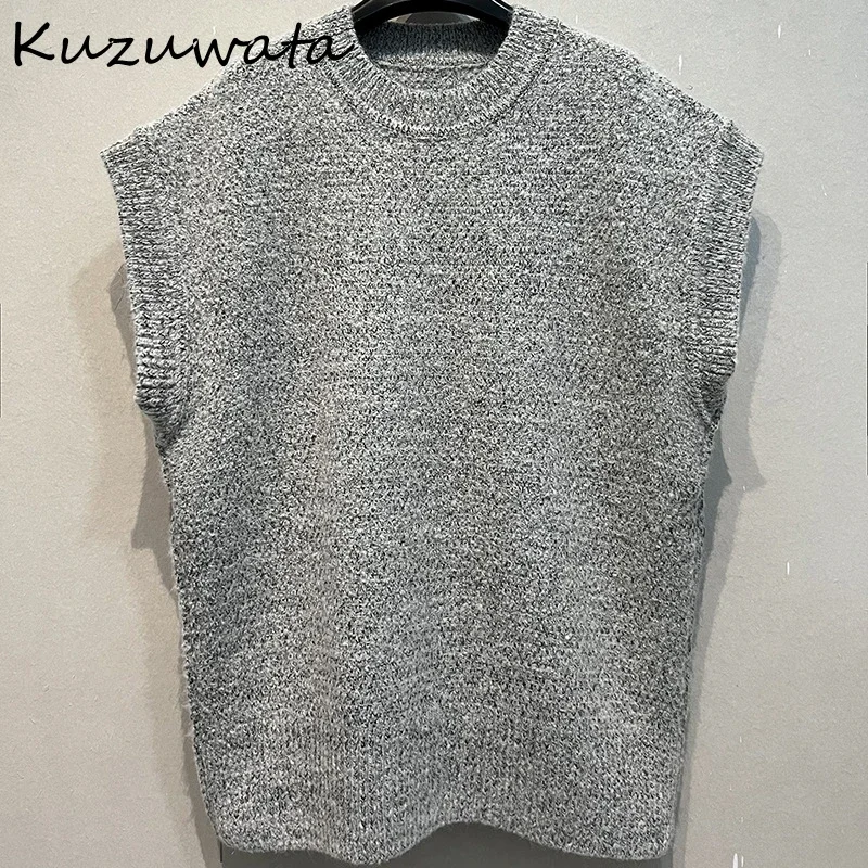 Kuzuwata-suéteres sin cuello para mujer, Jersey holgado sin mangas con cremallera, ropa informal suave, suéter de punto japonés, chaleco de Moda