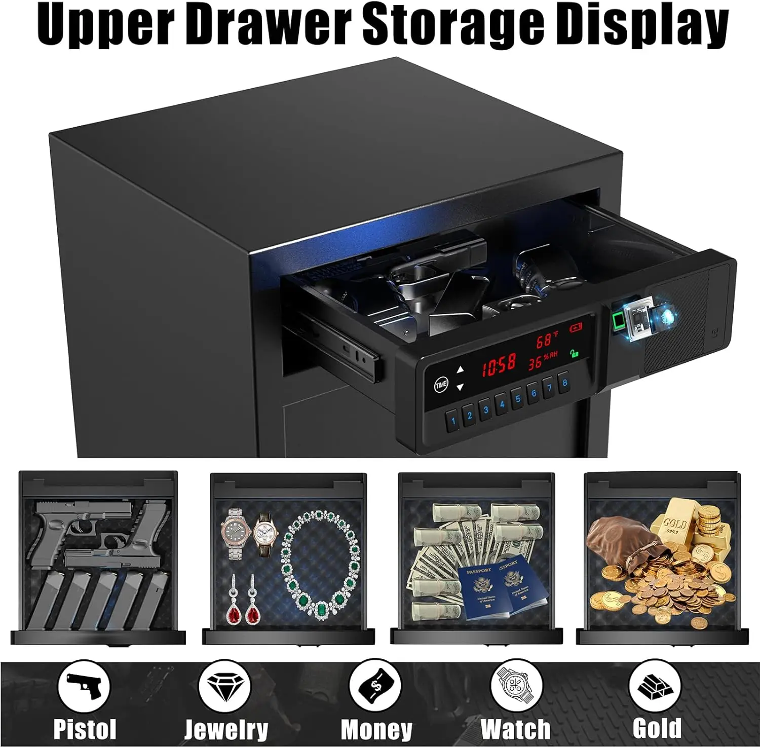 Slide-Away Pistol Handgun Quick Access Gun Drawer Safe with LCD Display of Temp,Humidity,Time,Low Battery Warning,Unlock State f