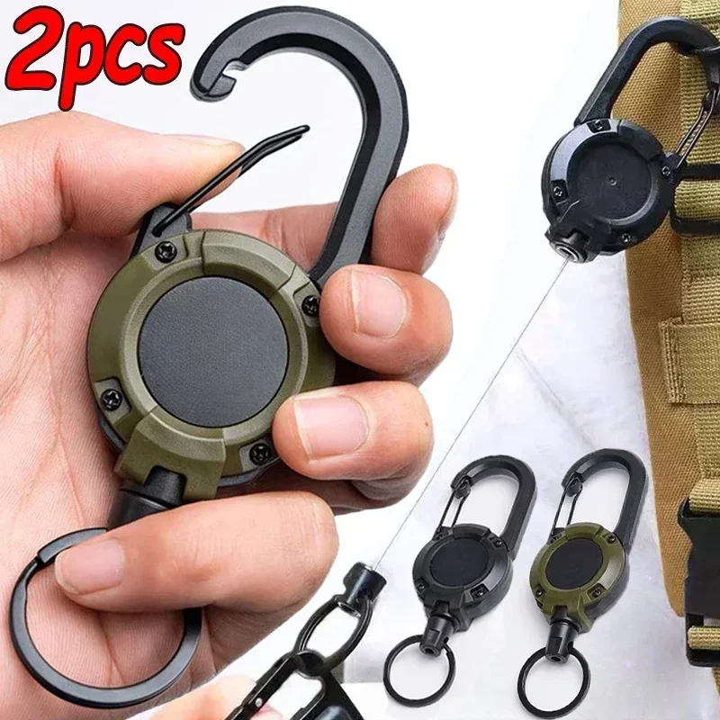 1/2pcs tugas berat dapat ditarik lencana ID Reel Carabiner gantungan kunci kawat baja tali gesper gantungan kunci alat luar ruangan gantungan kunci