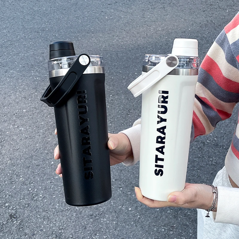 

1pc 800ml magnetic lid insulated water bottle, minimalist letter print handle water cup, office and outdoor insulated cup