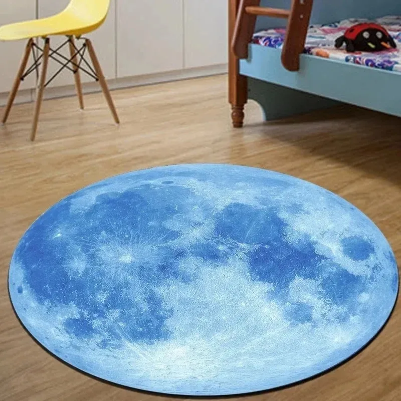 Cosmic Blue Moon Planet Round Rug Anti‑Slip Floor Carpet Outer Space Galaxy Mat for Children Room Bedroom Indoor Home Decoration