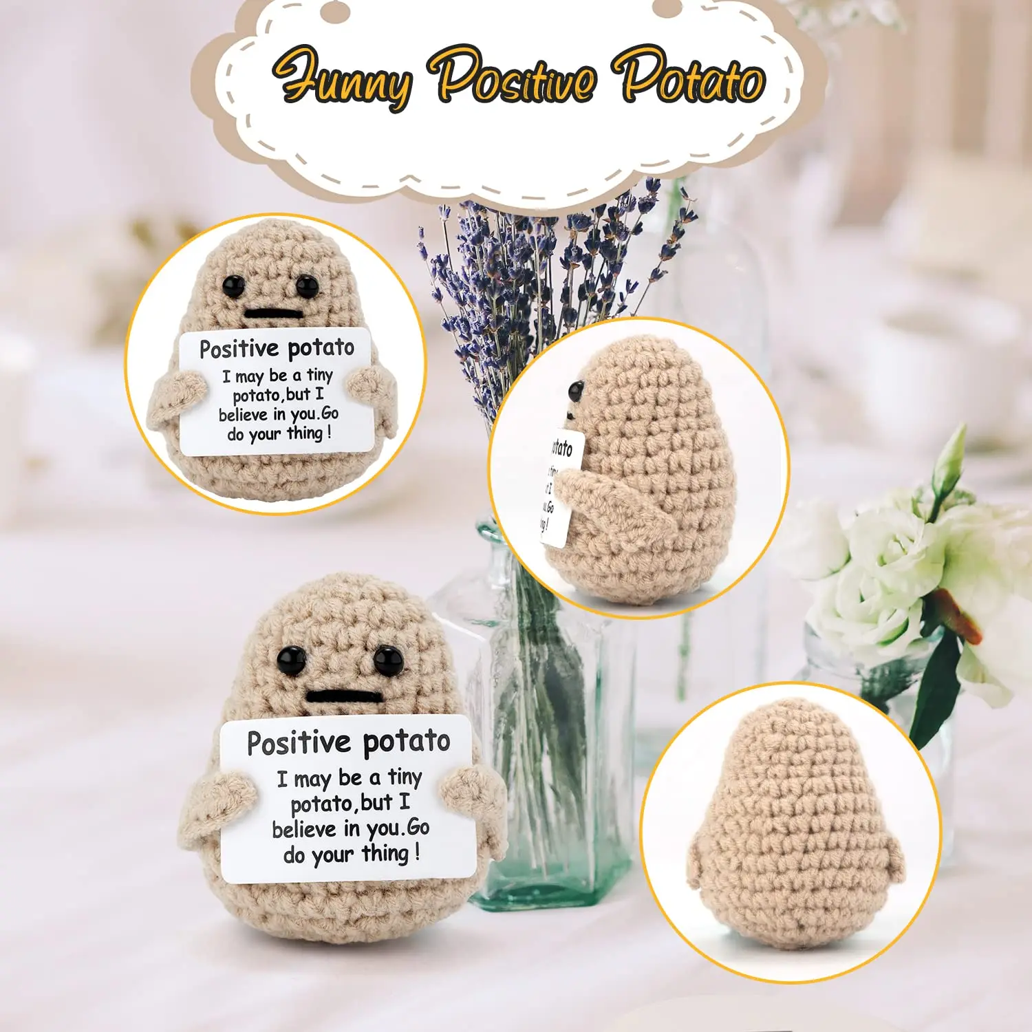 A Cute Handmade Potato Doll, Crafted from Plush Yarn, Comes with a Warm Greeting Card, Suitable for Placing on Home or Office Desks. A Warm Greeting Card Attached to a Sea Otter's Paw Is a Thoughtful Gift for Friends, Colleagues, or Relatives, Allowing Them to Feel Full of Positive Energy.