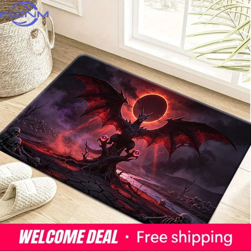 Red Eclipse Dragon Skull Graveyard Print Non-Slip Floor Mat Doormat