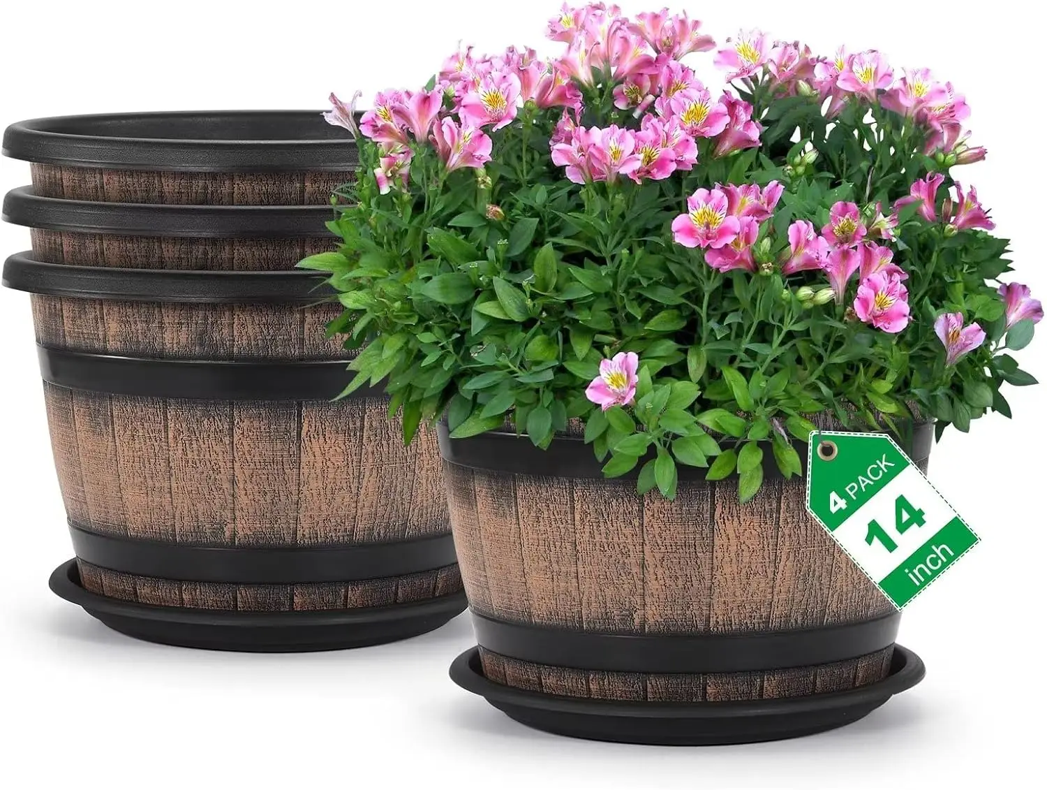 

Large 5-Gallon Whiskey Barrel Planters with Drainage Holes & Saucer for Indoor Outdoor Garden Plants