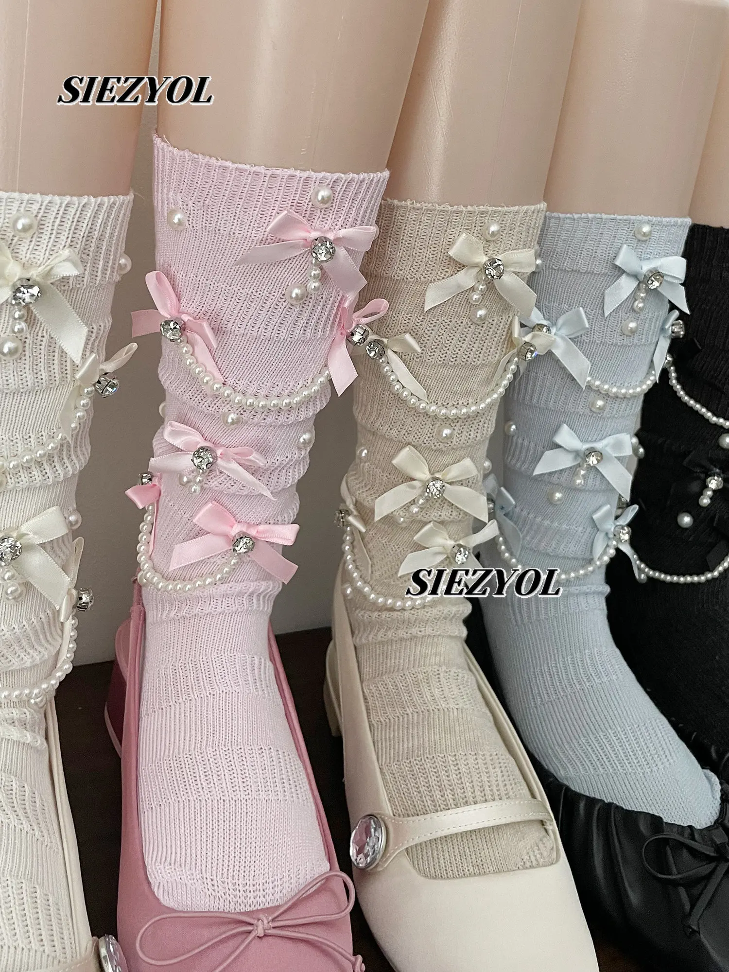 Retro Sweet Heart Pearl Chain Bows Knee Socks Women's Thin Socks Spring and Summer Fashion Solid Color Cotton Stocking