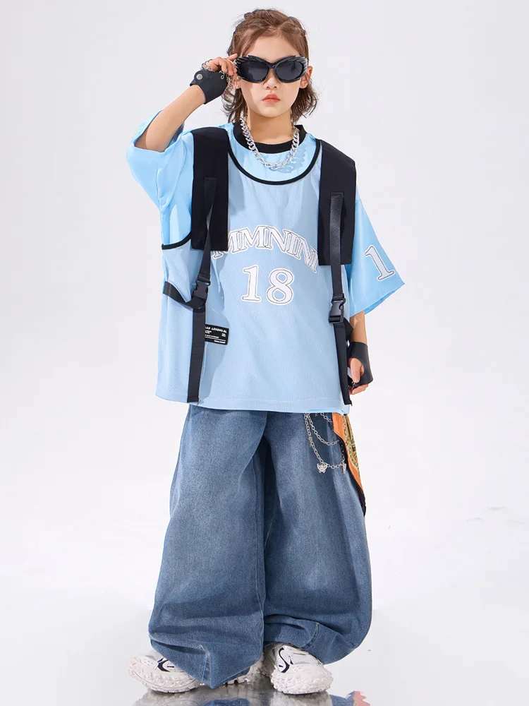 Hip Hop Outfits Oversized  Print Blue T shirt Blue Baggy Denim Pants K-pop Dance Jeans Group Streetwear Jazz Dance Clothes