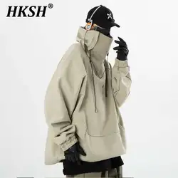 Hksh-メンズハイカラータクティカルスウェットシャツ、シックなレタープリントコート、コットン、ヒップホップホップ、タイ、ヘビー業界、秋、冬、hk0157