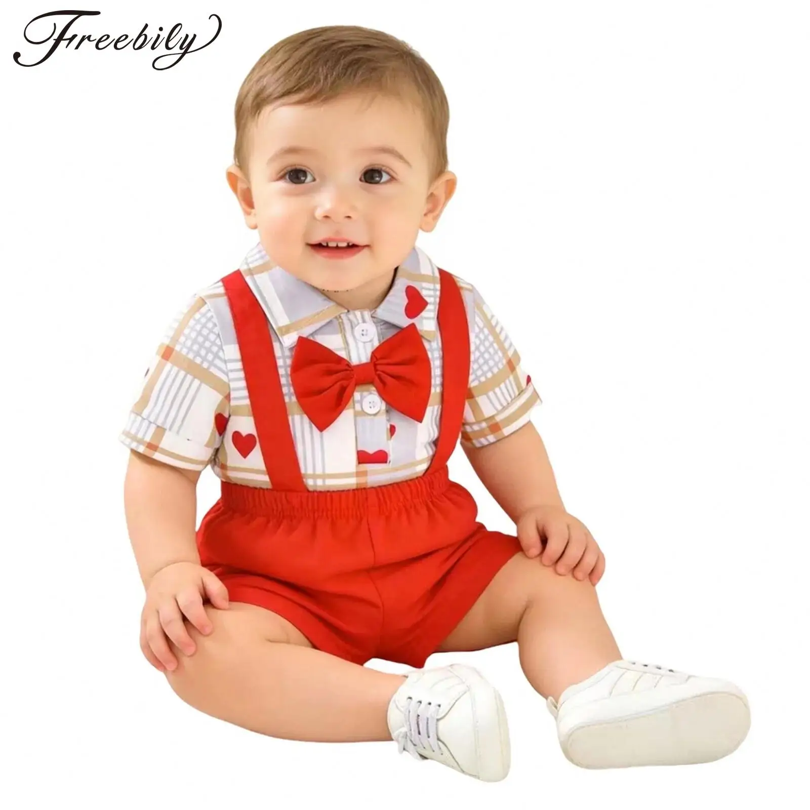 

Наряд на первый день Святого Валентина для маленьких мальчиков, комбинезон в клетку с короткими рукавами и принтом в виде сердечек, шорты с подтяжками и галстуком-бабочкой, детская одежда для фотосессии