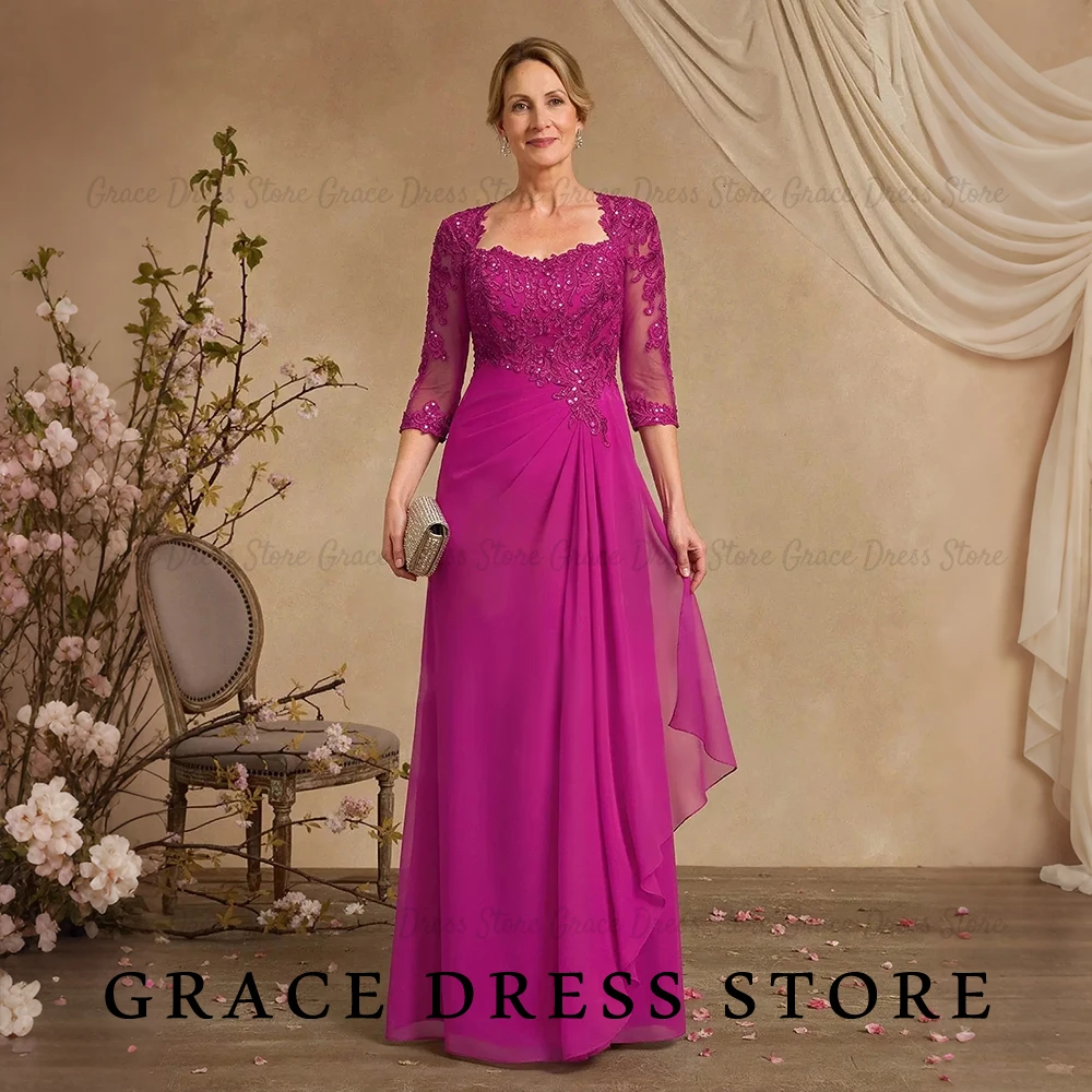 Grace Women's Wedding Party Attire 3/4 Sleeve Lace Sequin Chiffon vestido madrinha casamento Wrap Ruched Guest Dress Customized