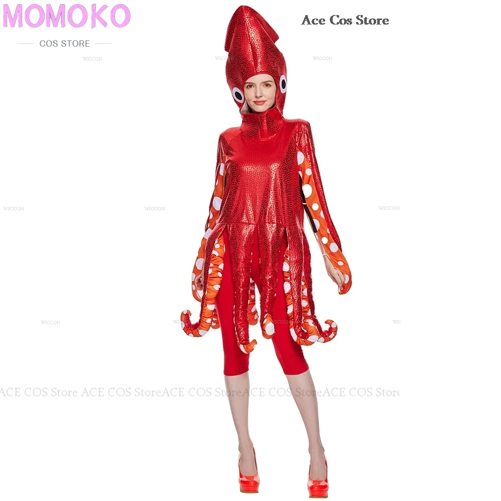 Halloween Adult Squid Cosplay Costume Red Octopus Tentacles Play Costume Sea Creature Party Onesie Spooky Funny Cos Clothes