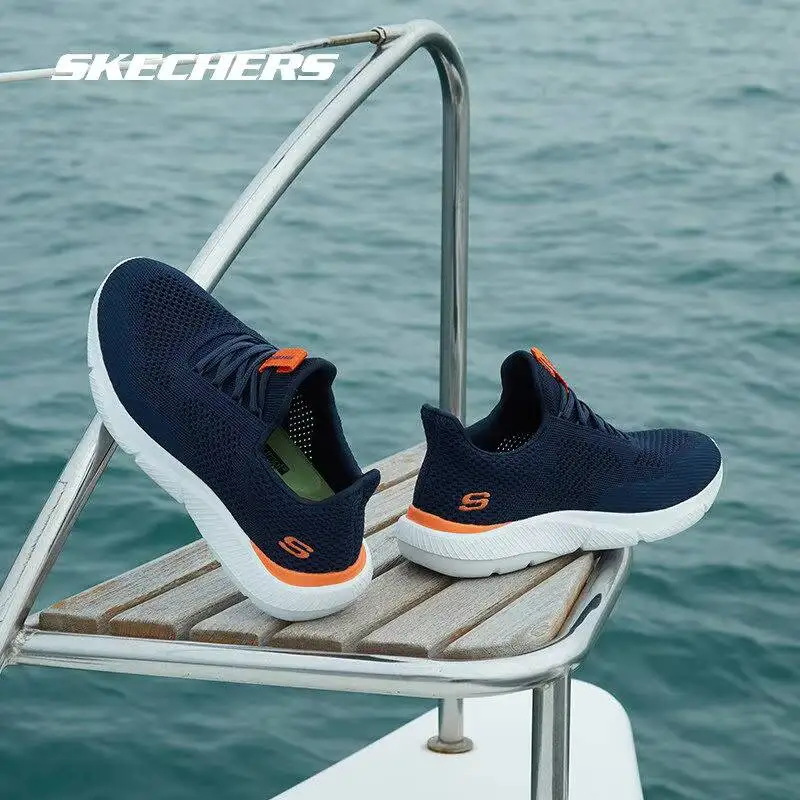 

ALL SEASONS Skechers Mens New Navy Blue Orange Breathable Mesh Walking Shoes Comfortable Slip On Sport Sneakers 210281NVOR