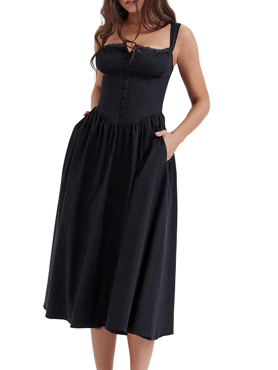 Women Summer Casual Slim A-line Dress Solid Color Buttons Sleeveless Beach Holiday Party Midi Sling Dress With Pocket