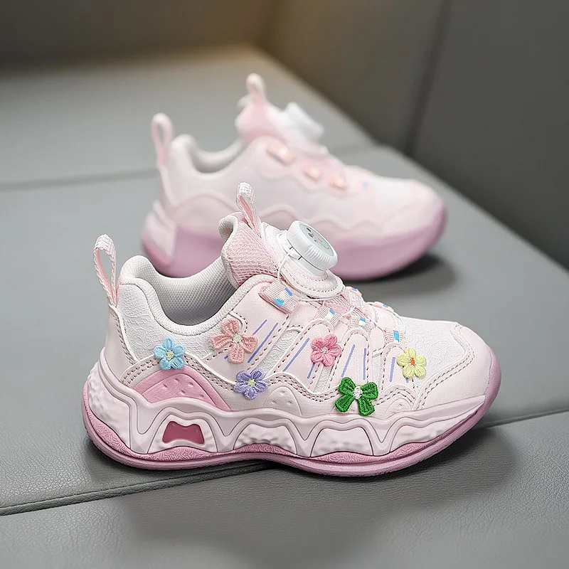A pair of children's rotary‑buckle sneakers, cute flower decor, thick cushioned outsole for daily casual wear MF‑9042BKT