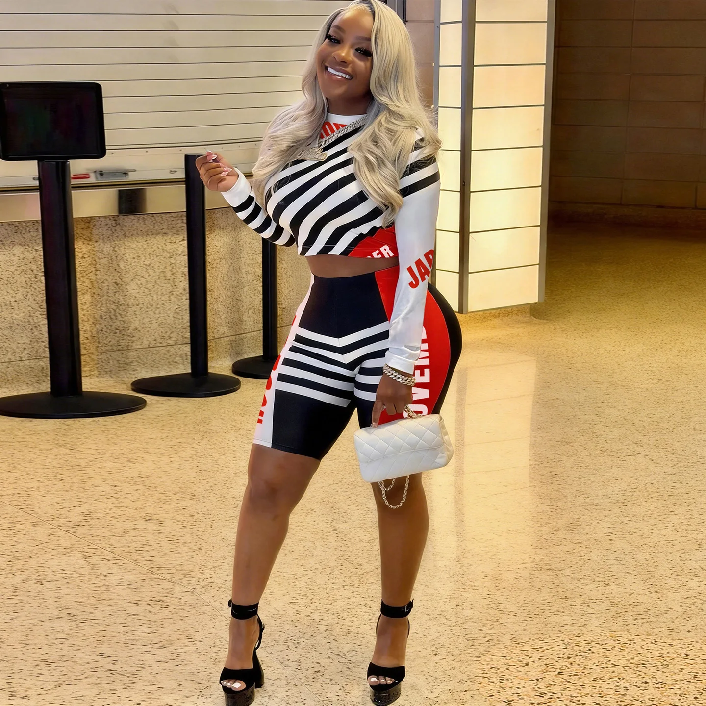 STYLISH LADY Striped Letter Print 2 Piece Outfits Women Long Sleeve Crop Top High Waist Biker Shorts Sport Bodycon Matching Set