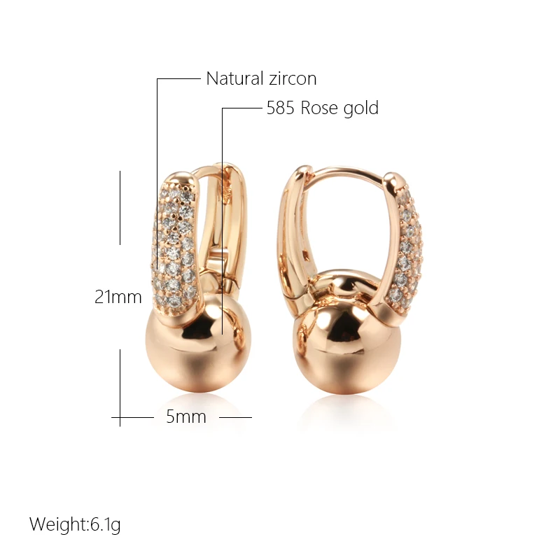 Kinel New Glossy Ball Dangle Earrings For Women 585 Rose Gold Hang Ear Clip Natural Zircon Earrings Elegant Fine Daily Jewelry