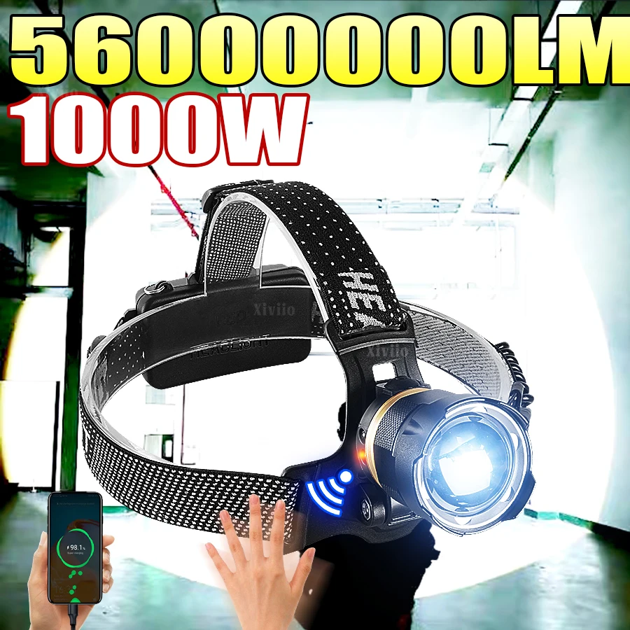 

56000000LM 1000 Вт светодиодный налобный фонарь супер яркий перезаряжаемый фонарь водонепроницаемый 2*18650 аккумулятор для кемпинга, рыбалки, масштабируемый налобный фонарь