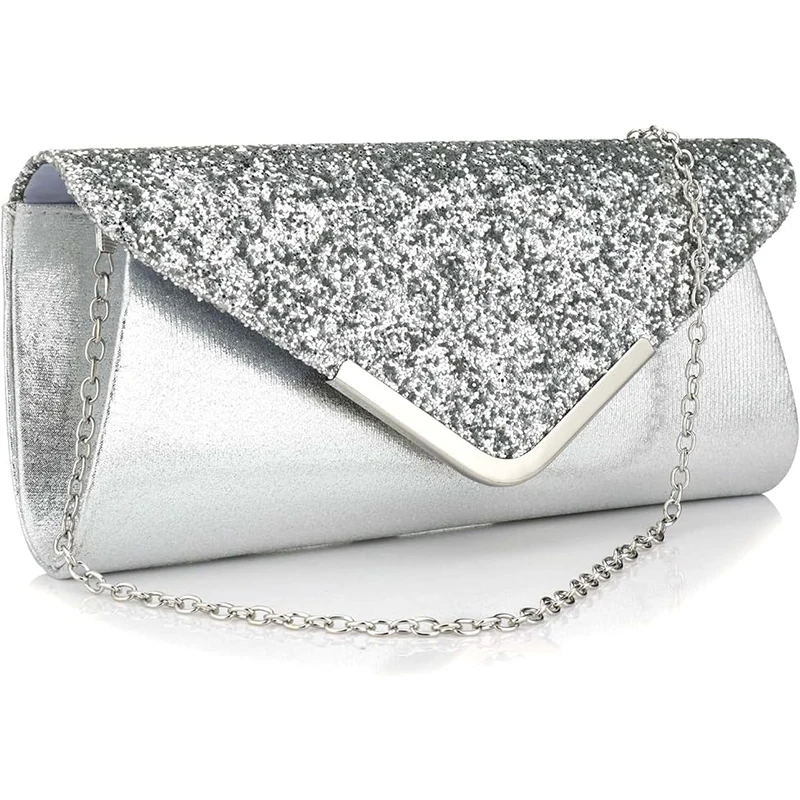 Popular Evening Clutch Handbag Luxury Sequin Women Envelope Purses with Ultra Thin Metal Chain Crossbody Shoulder Wedding Bag