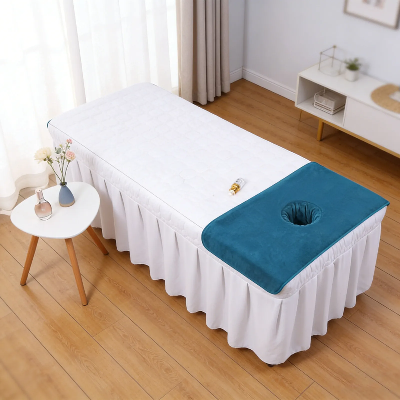 Sábana de masaje verde oscuro, cubierta de cama de belleza agradable al tacto, almohadilla reutilizable para cuna facial de spa y salón, con orificio para la respiración facial, para cama de masaje.