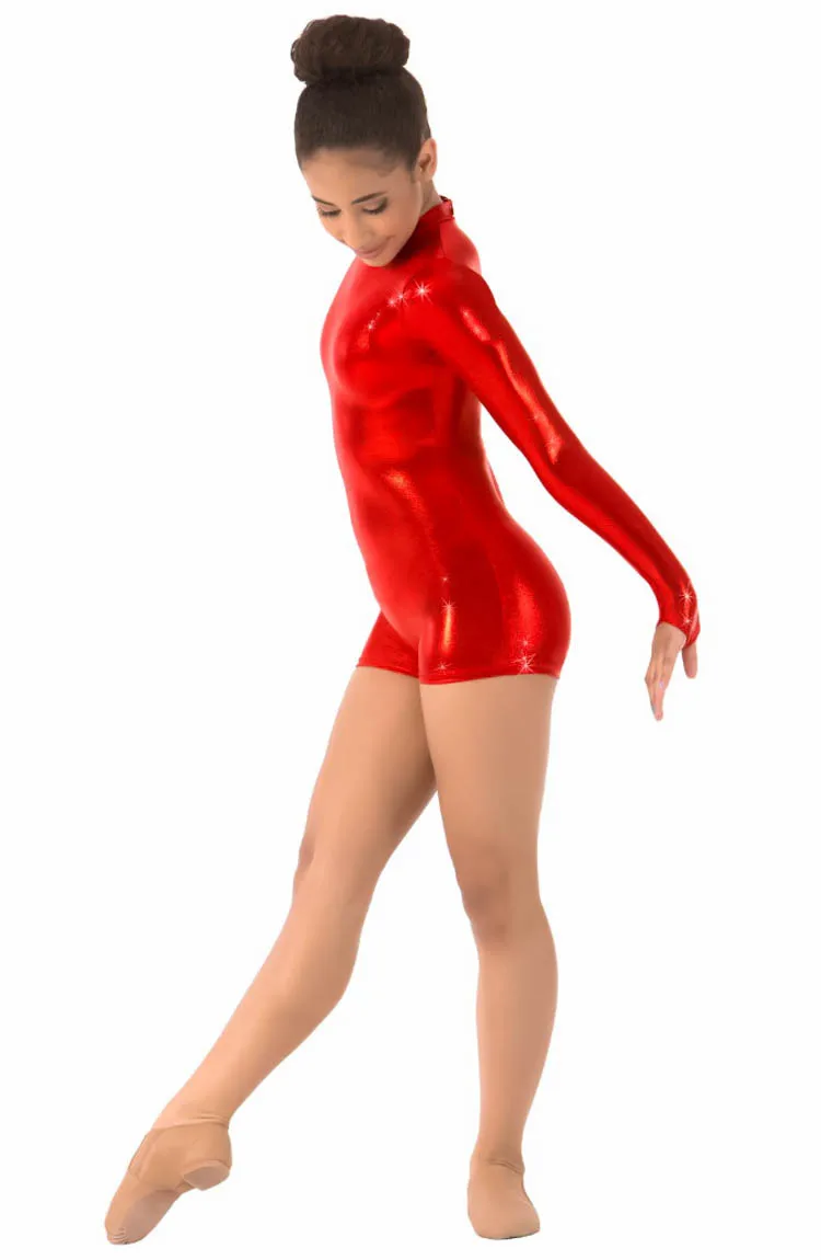 Woman Shiny Metallic Nylon Ballet Leotards Long Sleeve With Thumb Hole Bodysuit Dancewear Gymnastics Dance Stage Costumes Adult