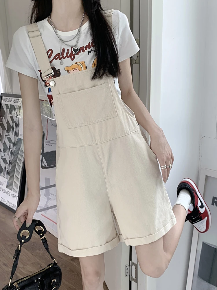 

Summer Thin Denim Overalls Women's Casual Wide Leg ort Pants Anti-Wrinkle High Waist Vintage Turn-Up Button Patch Multi-ket