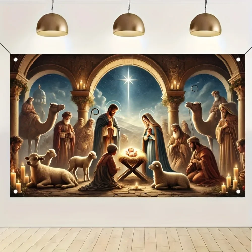 Christmas Nativity Scene Banner - indoor and outdoor holiday decorations, background for Nativity photos of the Holy Family